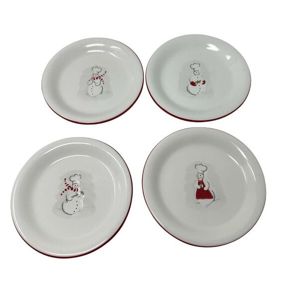Williams Sonoma Outlet Snowman Chef Plates 6in Red Rim Winter Appetizer Set - Picture 1 of 16